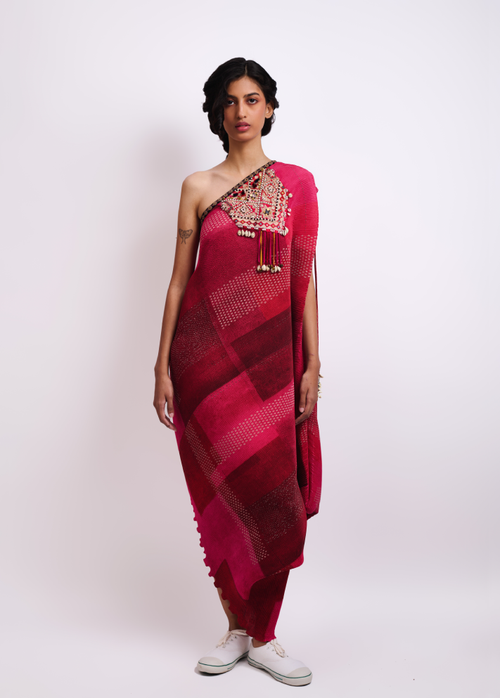 Pink Crinkle Crepe Embroidery Aari Rasa One Shoulder