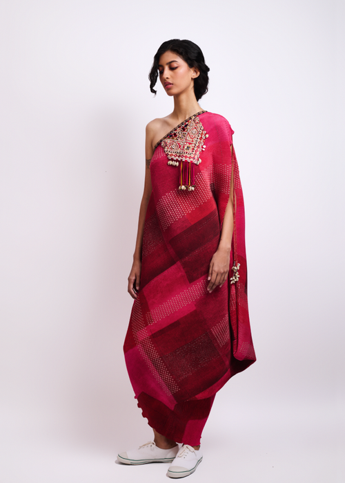 Pink Crinkle Crepe Embroidery Aari Rasa One Shoulder