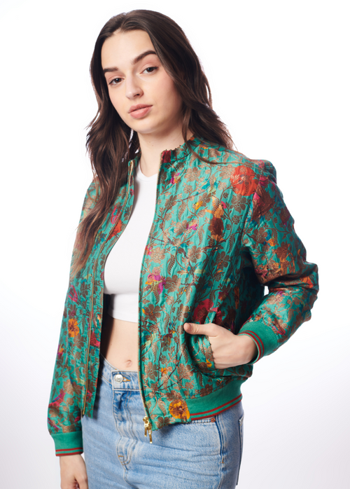 Janbaaz Bomber Jacket Silk Brocade Aqua